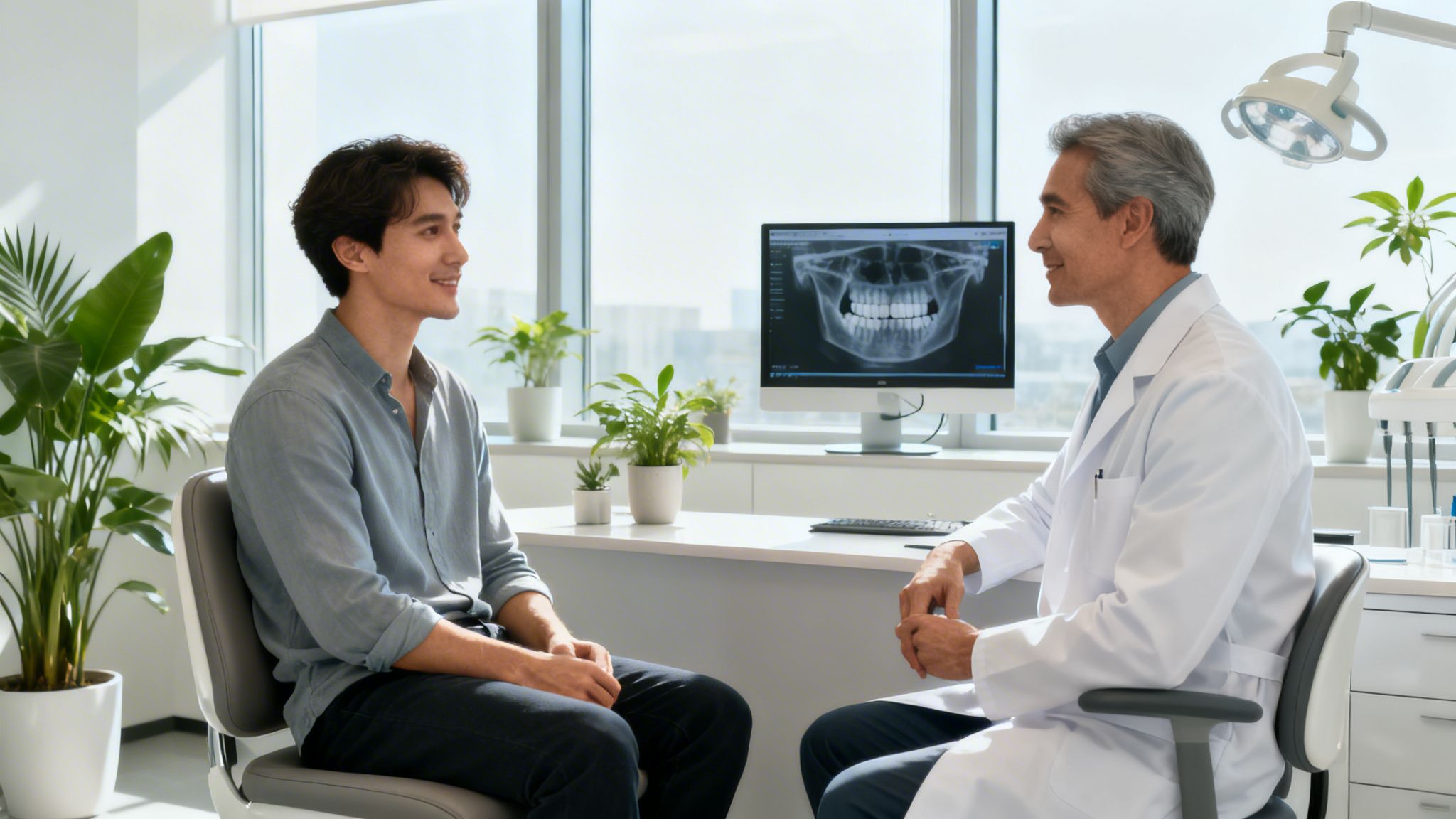 A male patient and dentist discuss a dental X-ray in a bright, modern office.