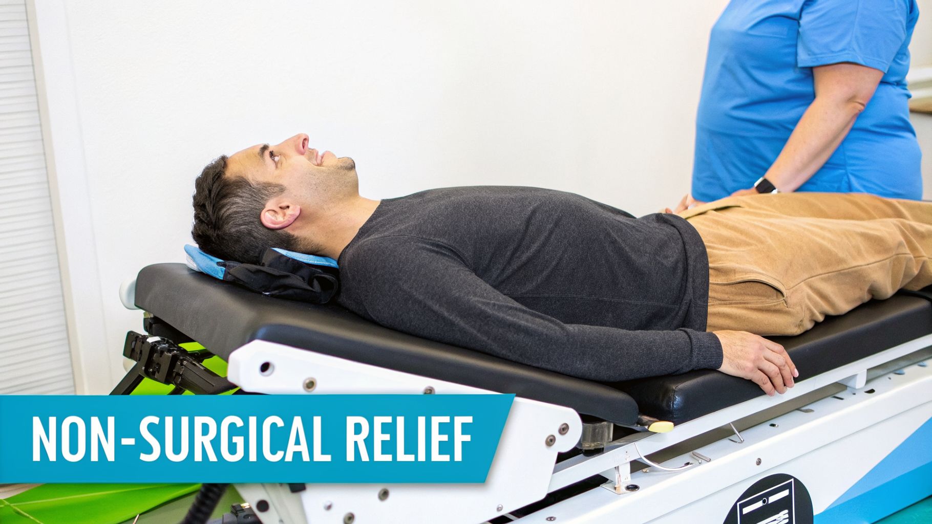 A man lies face up on a medical table for non-surgical spinal relief therapy.