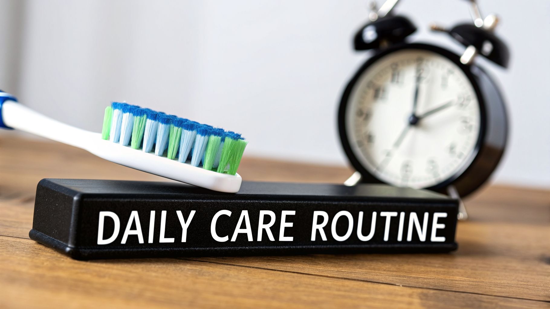 A toothbrush with blue and green bristles rests on a black block displaying 'DAILY CARE ROUTINE'. An alarm clock is blurred in the background.