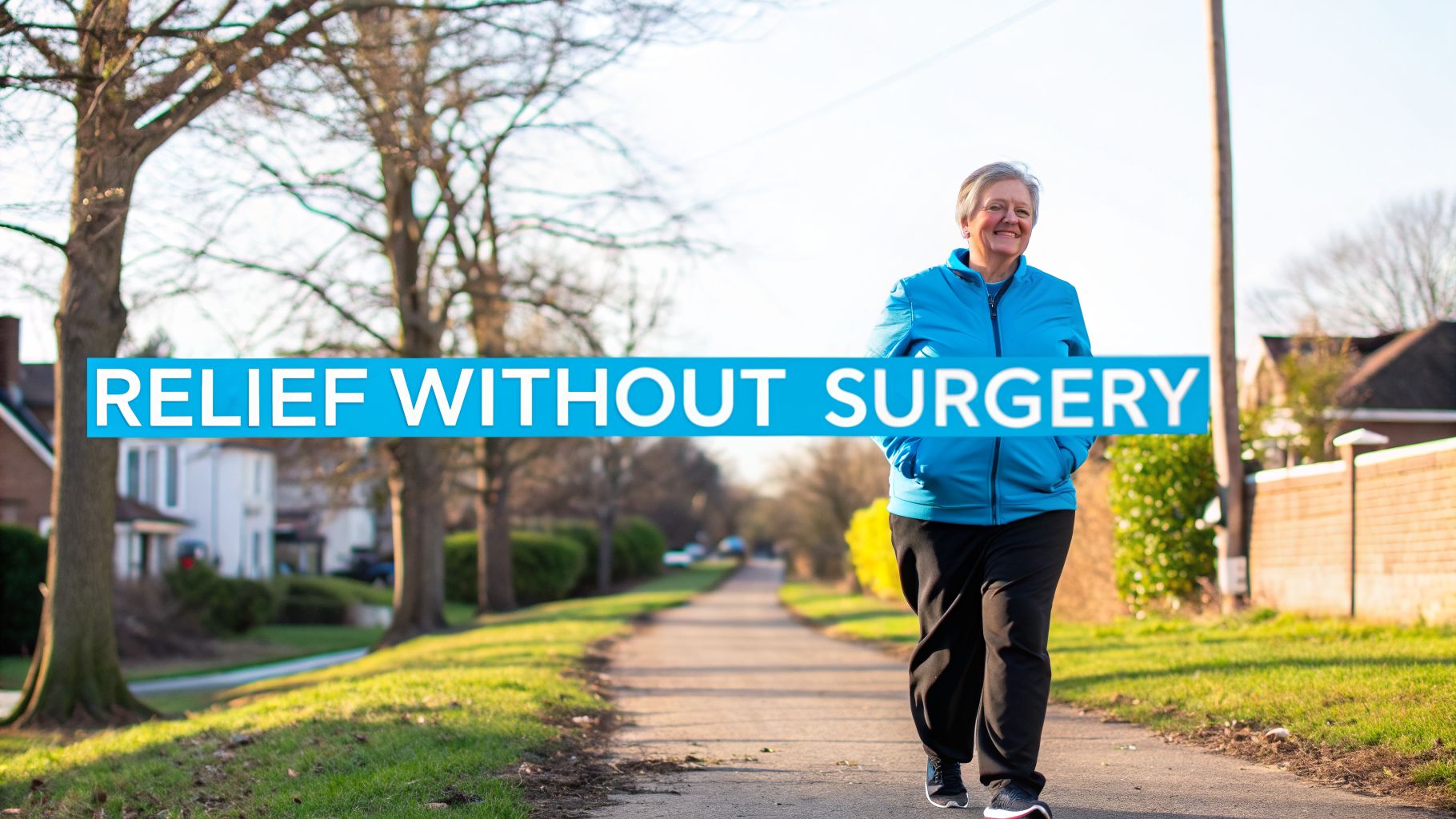 A smiling senior woman walks on a path outdoors, with text 'RELIEF WITHOUT SURGERY' displayed.