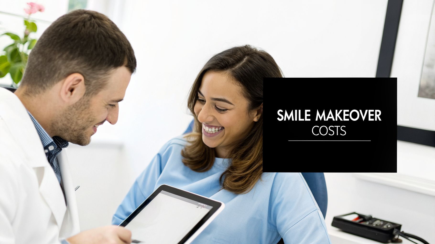 A male dentist shows a smiling female patient information about smile makeover costs on a tablet.