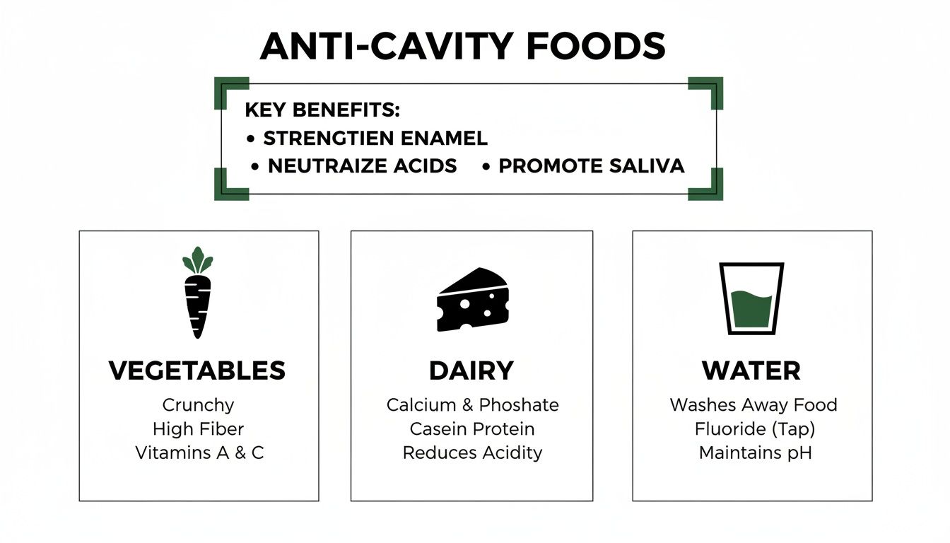Infographic detailing anti-cavity foods like vegetables, dairy, and water, with their key dental benefits.