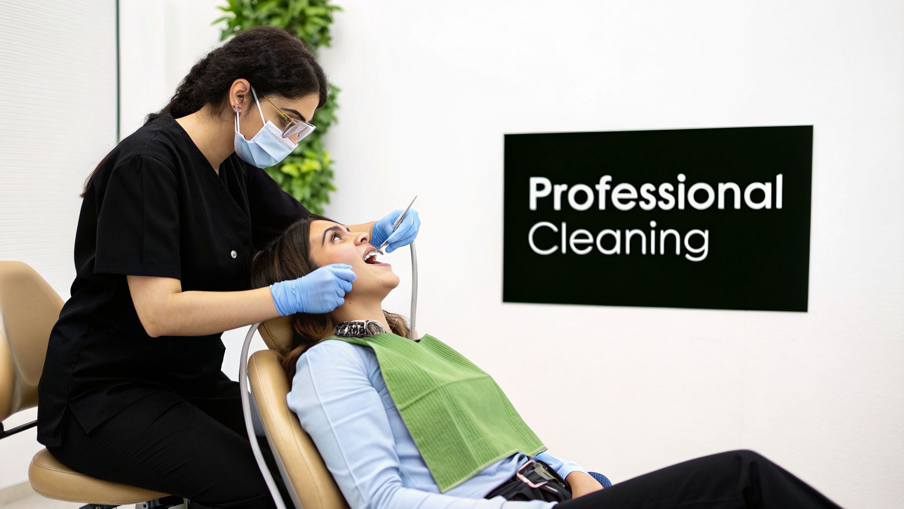 Seven Oaks - Dentistry & Sleep Medicine | How to Maintain Healthy Gums: A Guide from Your Wesley Chapel Dentist A female dentist wearing a mask and gloves performs a professional cleaning on a female patient in a dental office.