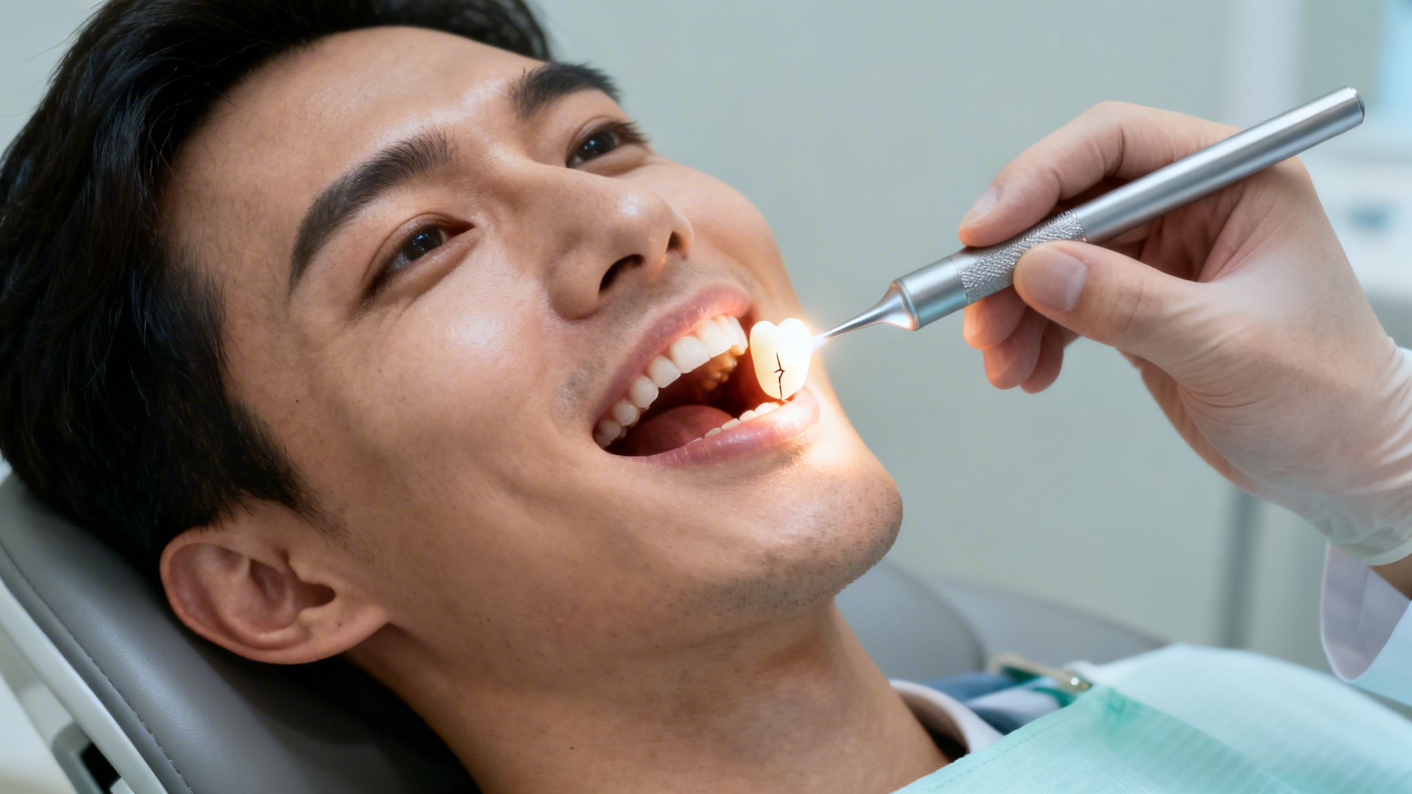 Dentist uses a light-up tool to examine a smiling man's teeth, revealing cracks on a front tooth.