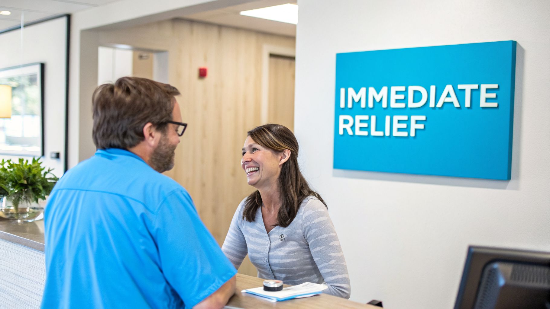 A smiling female receptionist talks to a male patient at a clinic desk with an "Immediate Relief" sign.