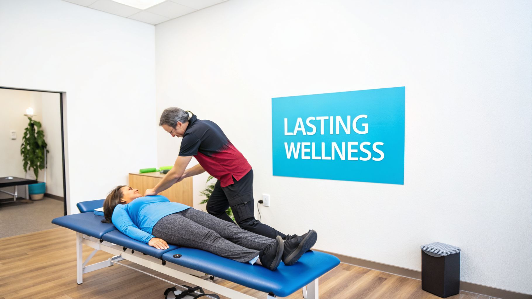 A chiropractor performs an adjustment on a female patient lying on a blue table in a wellness clinic.