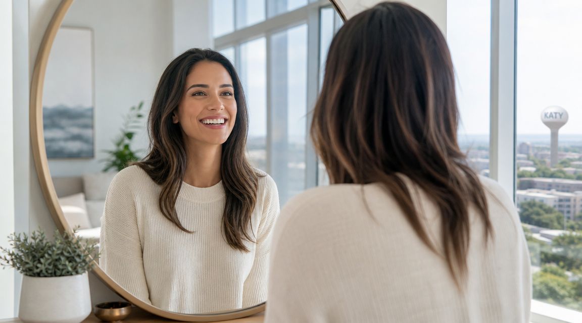 A smiling woman looks at her reflection in a circular mirror in a room overlooking Katy, Texas.