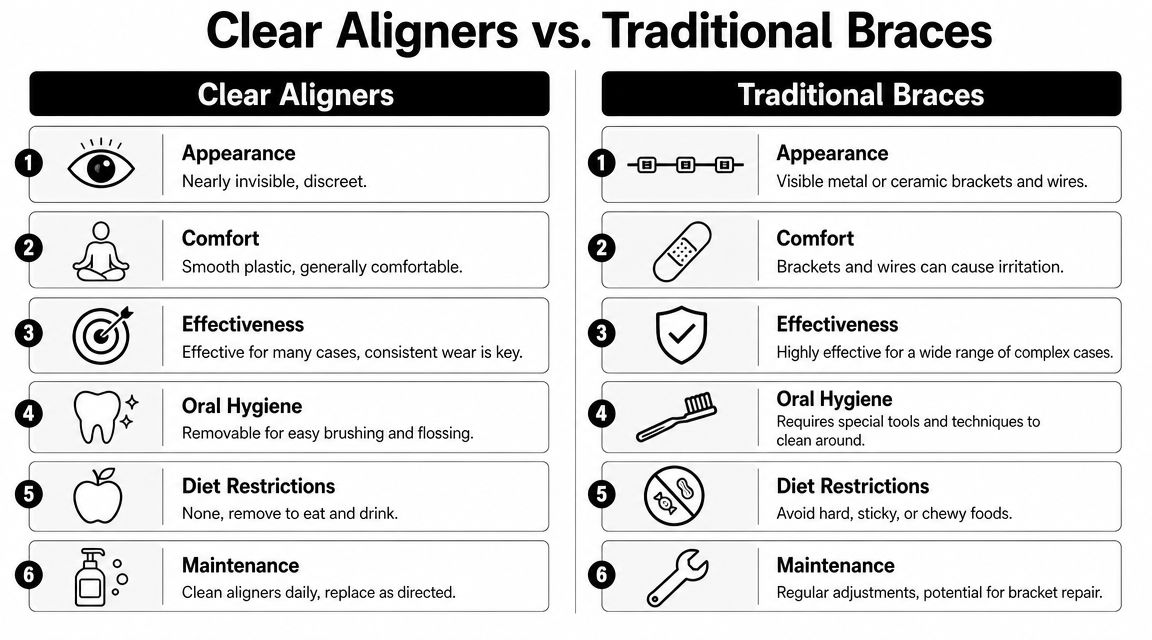 A comparison chart outlining the pros and cons of clear aligners versus traditional dental braces.