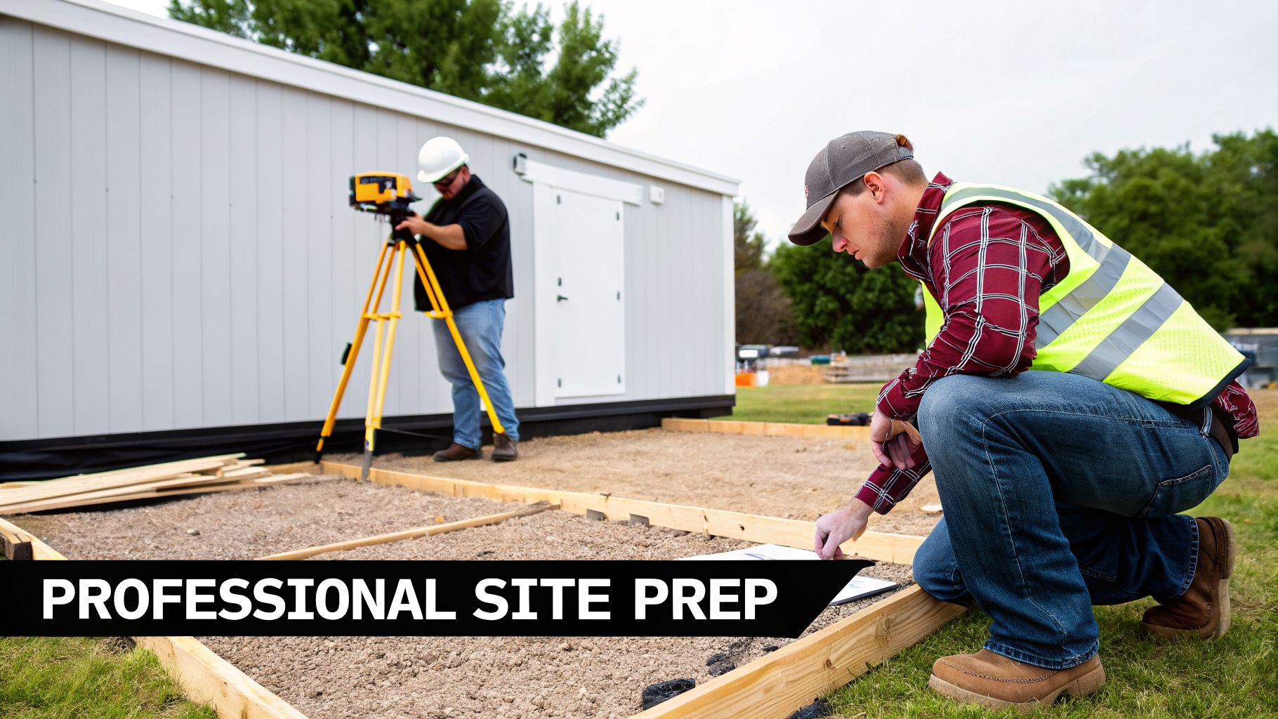 Two construction workers on a site: one uses surveying equipment, the other checks a wooden frame on a gravel base.