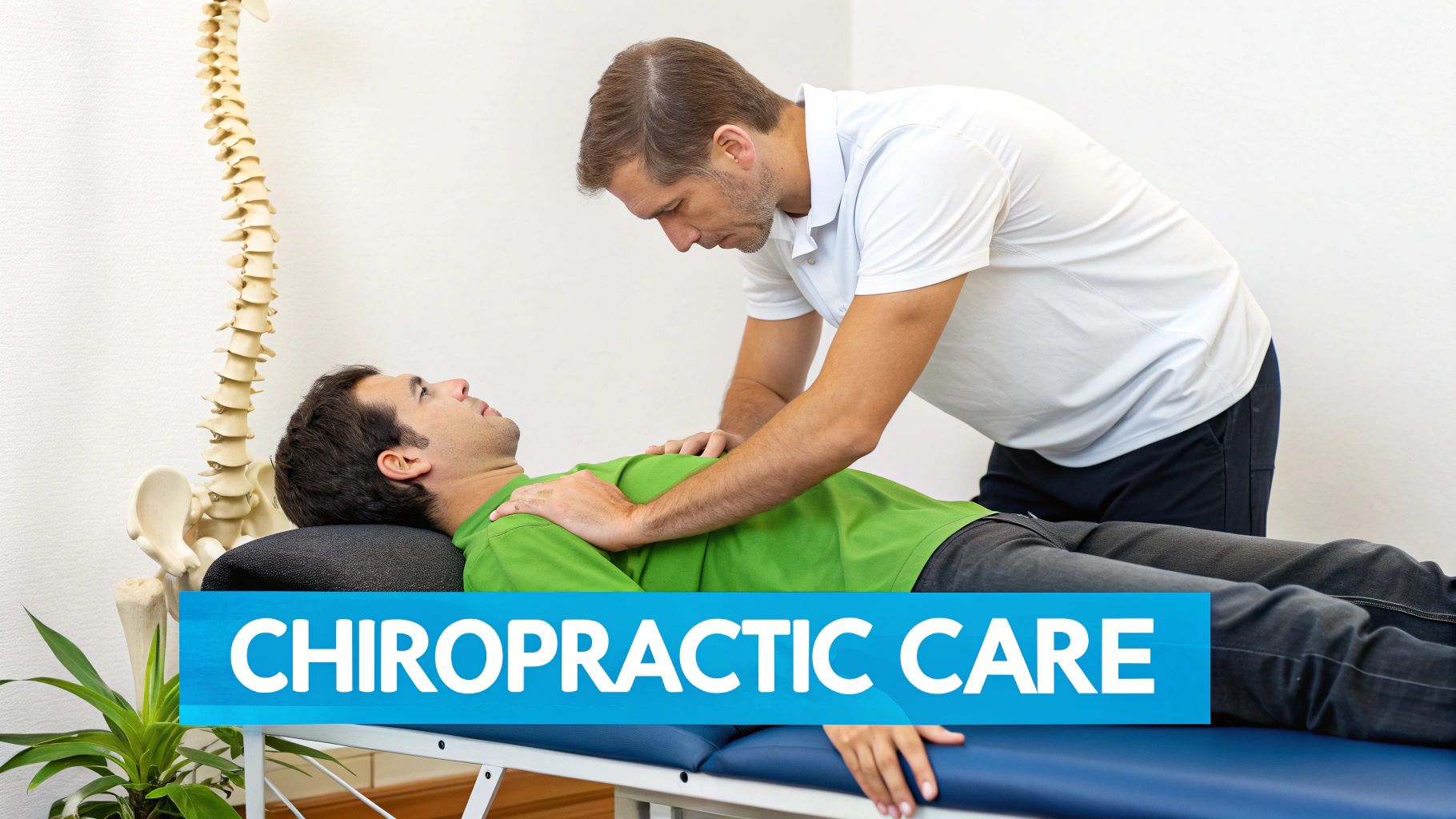 A chiropractor adjusts a male patient lying on a treatment table, with a spine model nearby, representing chiropractic care.