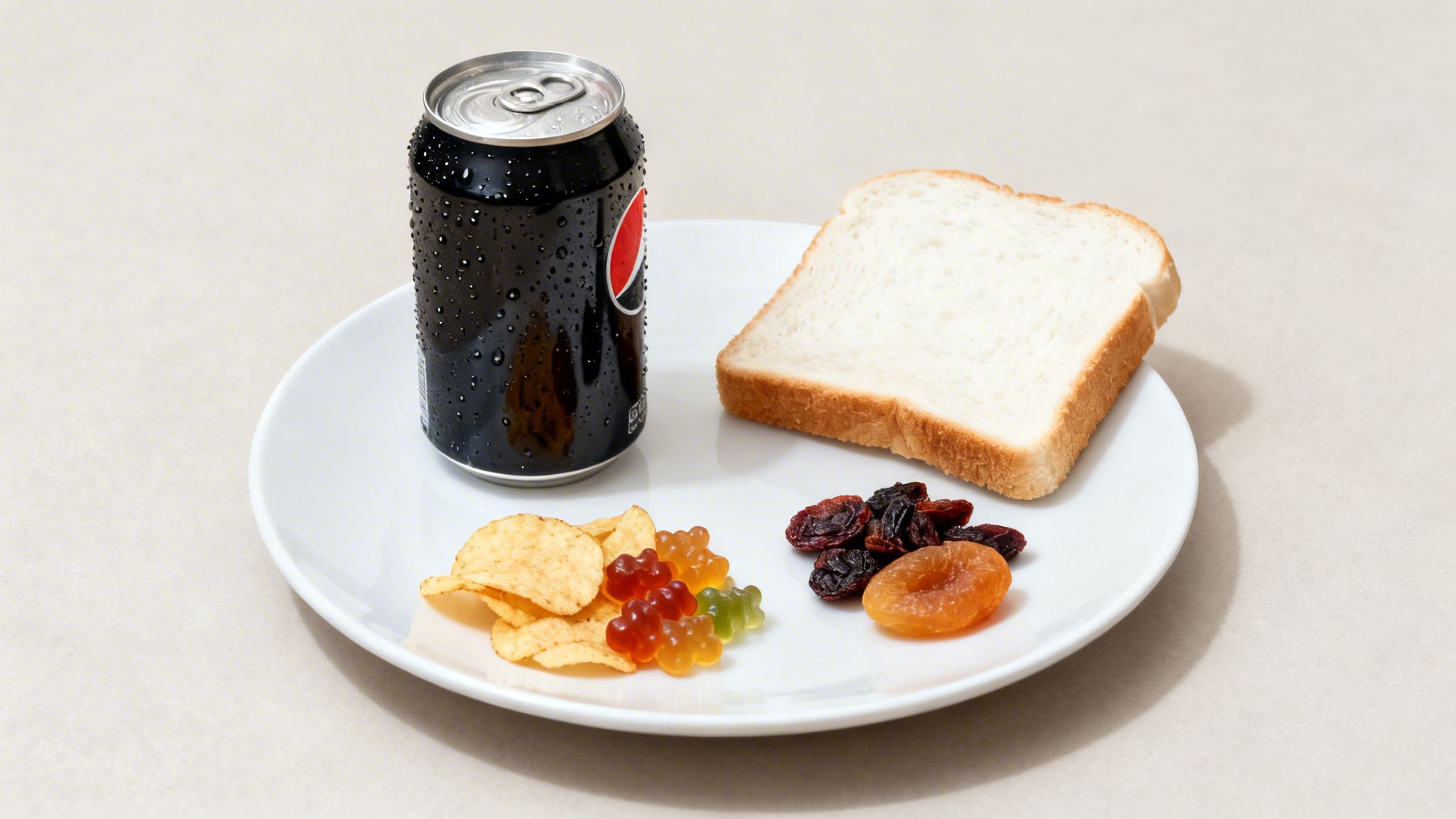 A plate with sugary and starchy foods: soda, white bread, chips, gummy bears, raisins, and dried apricot.