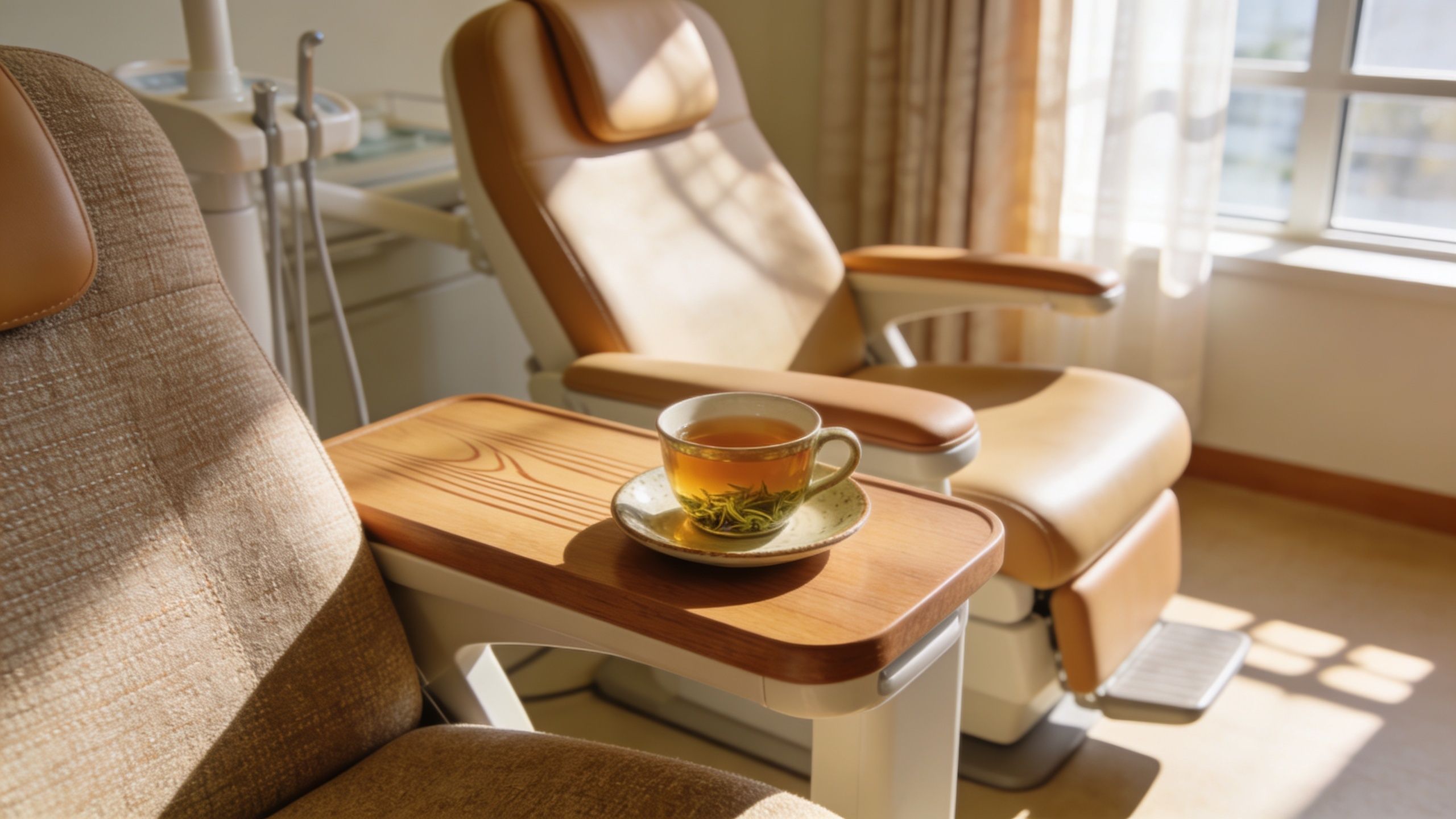 A tea cup rests on a small wooden tray beside a dental chair in a bright, sunlit office.