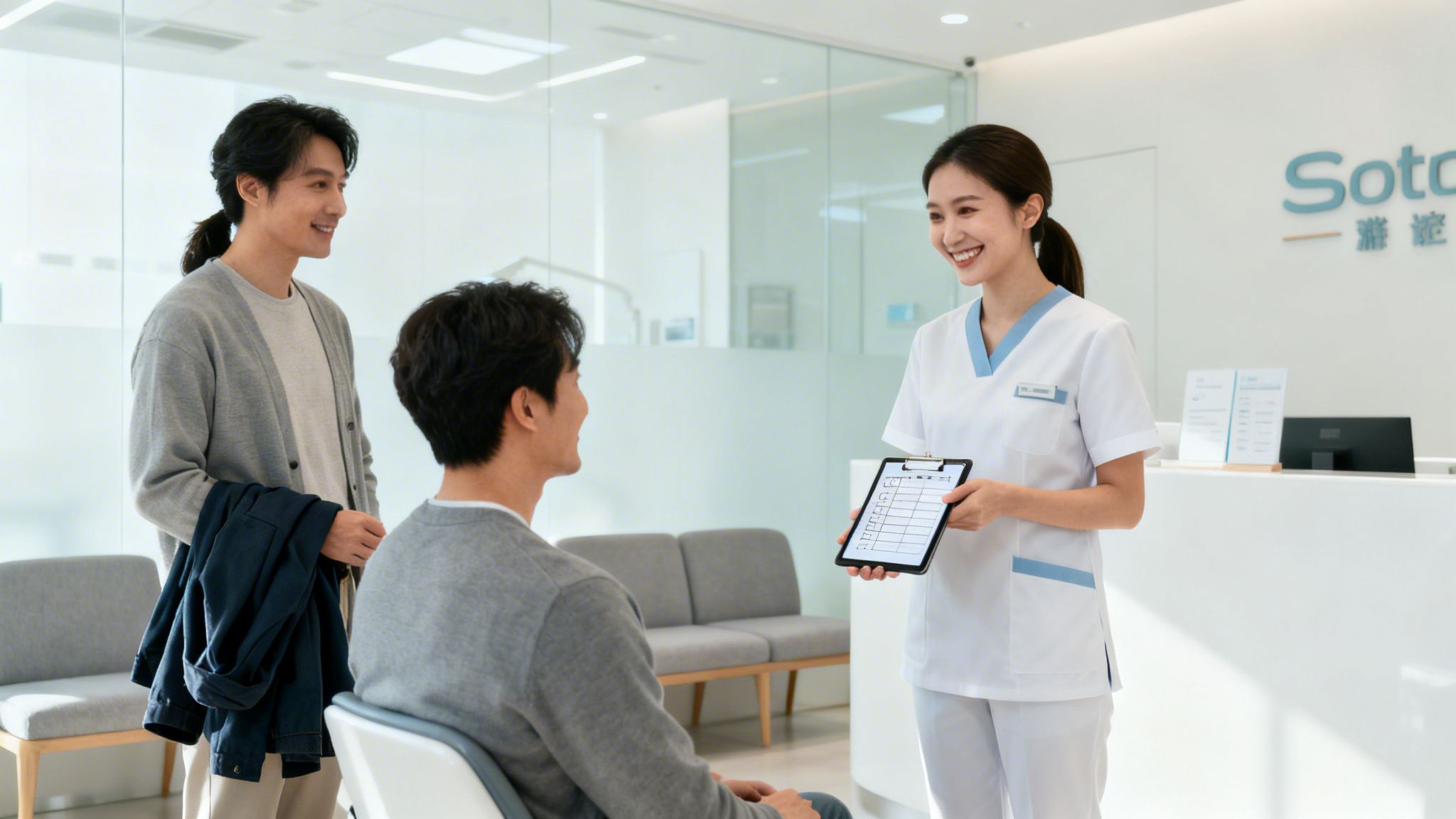 Smiling nurse with a clipboard assists a patient in a clean, modern clinic reception.