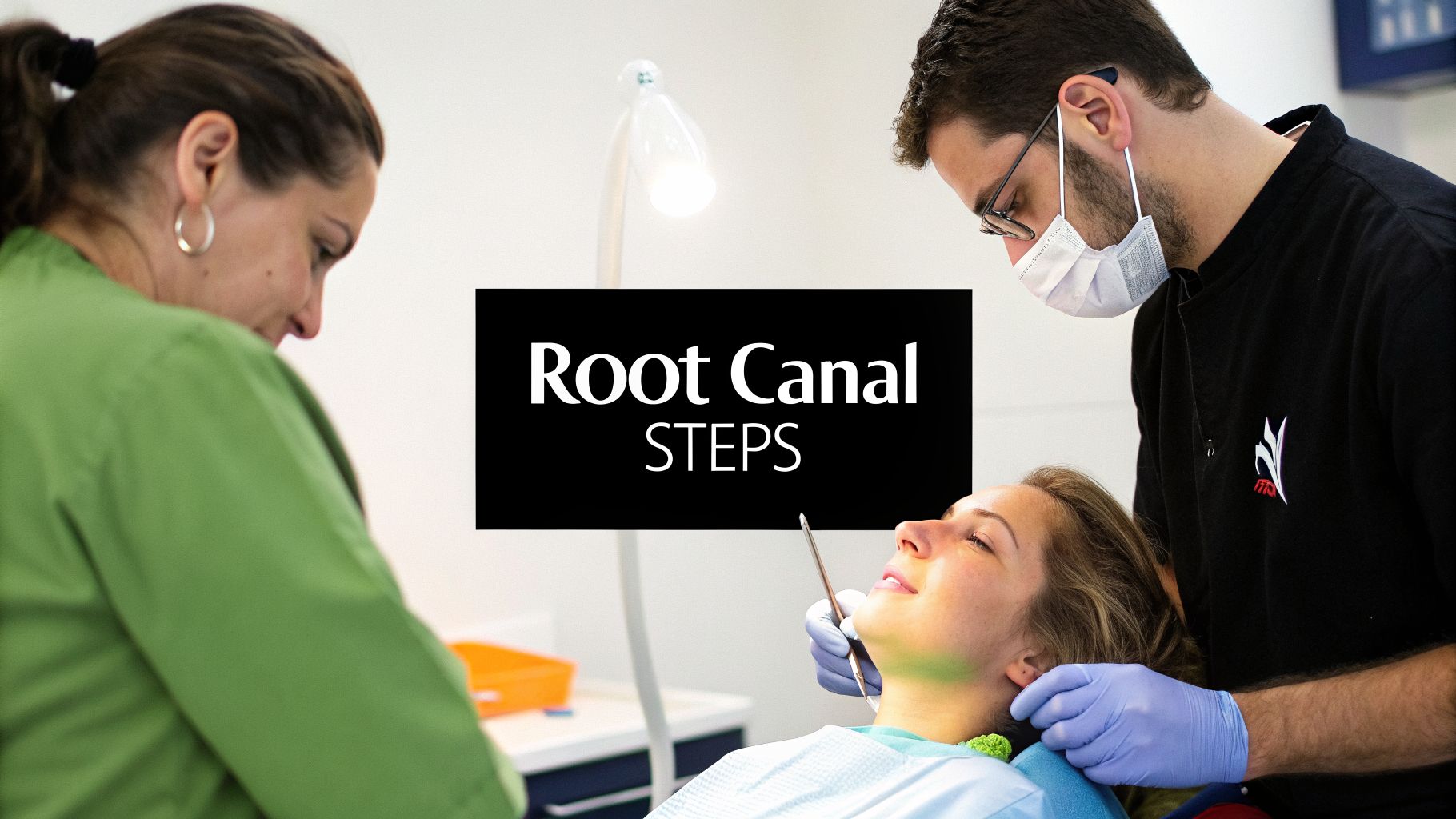Dental professionals perform a root canal procedure on a female patient, with a 'Root Canal STEPS' title overlay.