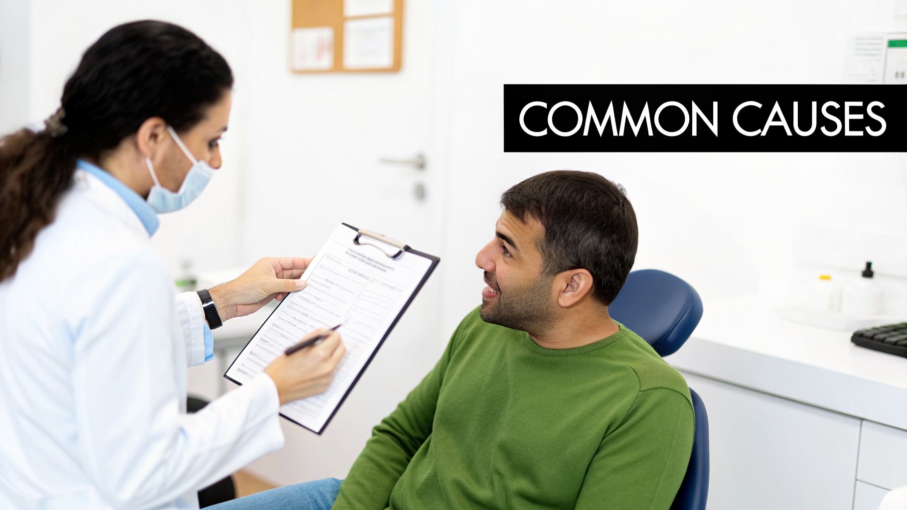 Seven Oaks - Dentistry & Sleep Medicine | Dentist Near Me in Wesley Chapel, FL: Your Guide to a Lasting Smile with Dental Implants A female doctor in a mask takes notes on a clipboard while consulting with a male patient.