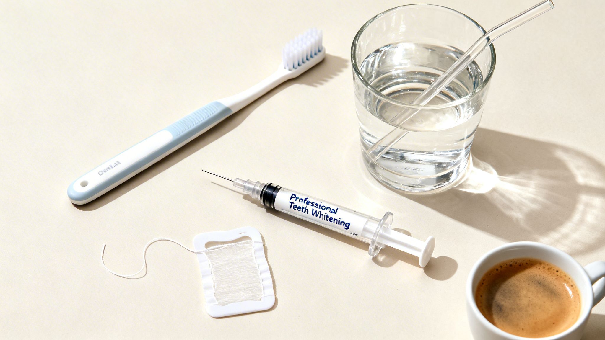 A flat lay of items for oral care: a toothbrush, a glass of water, a teeth whitening syringe, dental floss, and a coffee cup.
