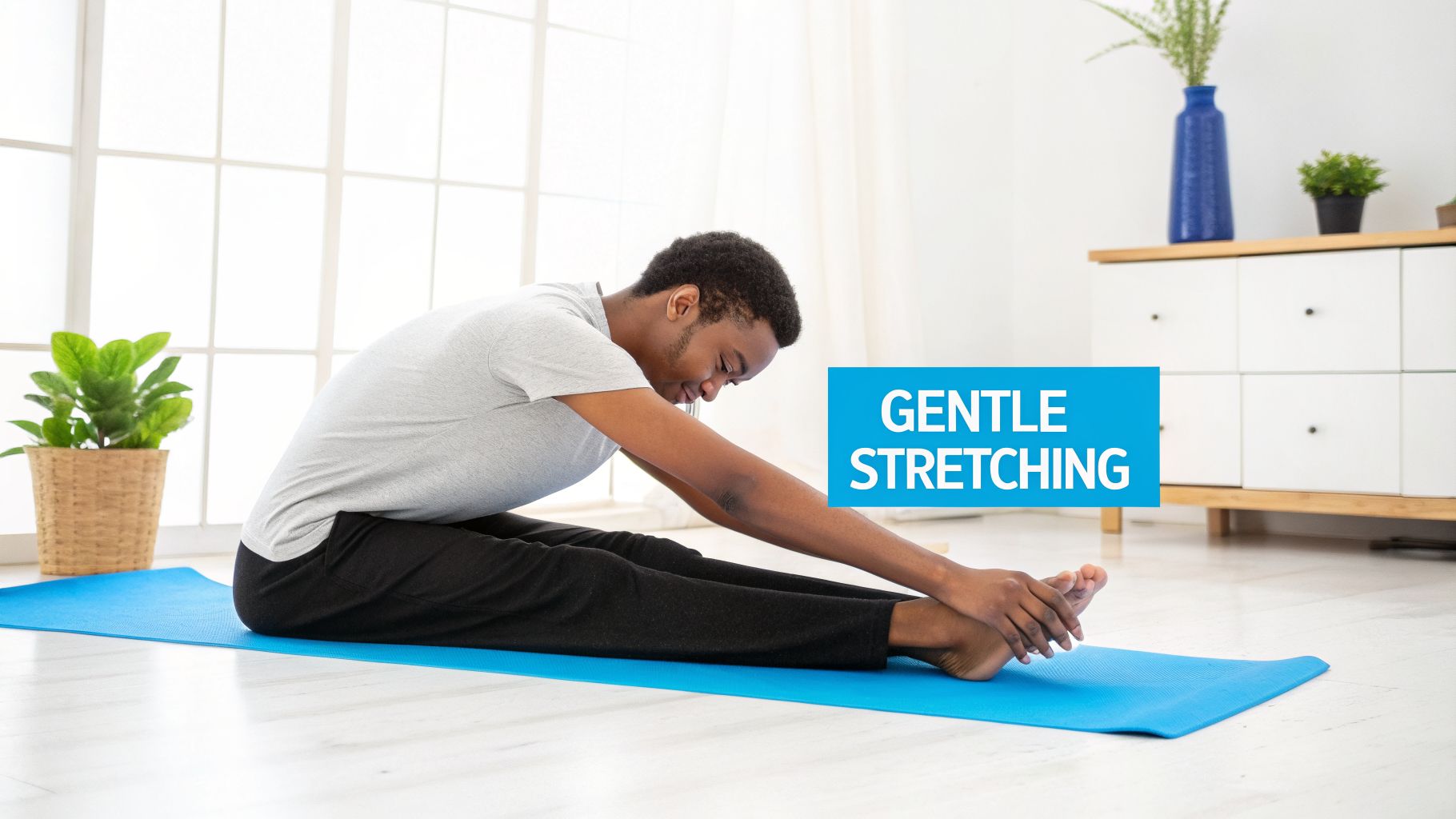 A young Black man gently stretches on a blue yoga mat in a bright, minimalist room.