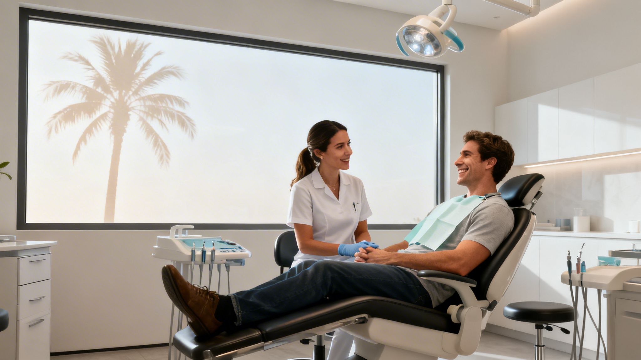 A female dentist in blue gloves talks to a smiling male patient in a modern dental office with a palm tree outside.