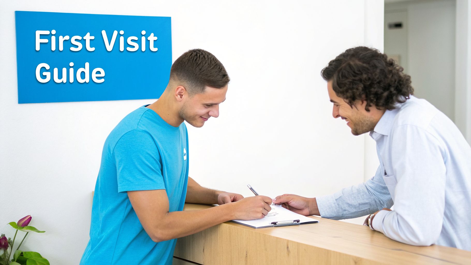A smiling man in a blue t-shirt signs a document at a reception desk, guided by another man.