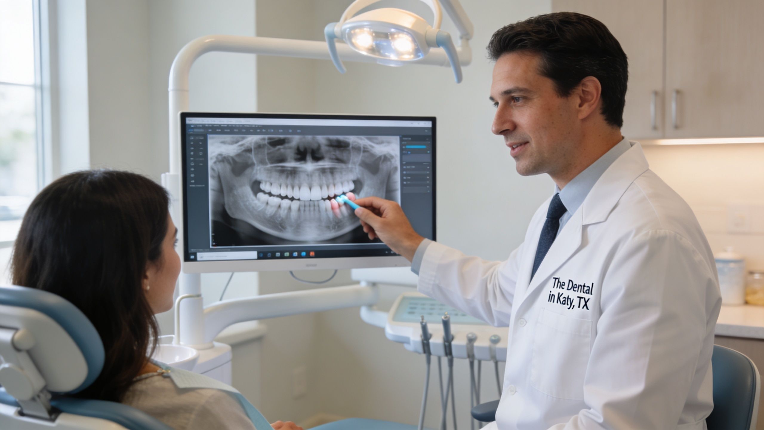 A dentist explains dental X-ray results to a patient during a consultation in a modern office.