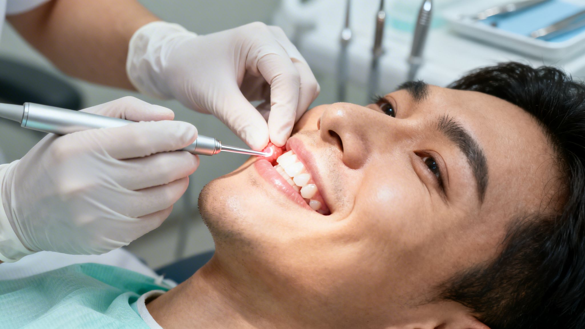 Hands in gloves operate a dental laser on a smiling male patient's healthy gums.