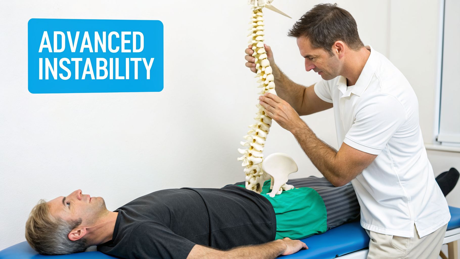 A practitioner demonstrates advanced spinal instability using a spine model to a patient on a table.