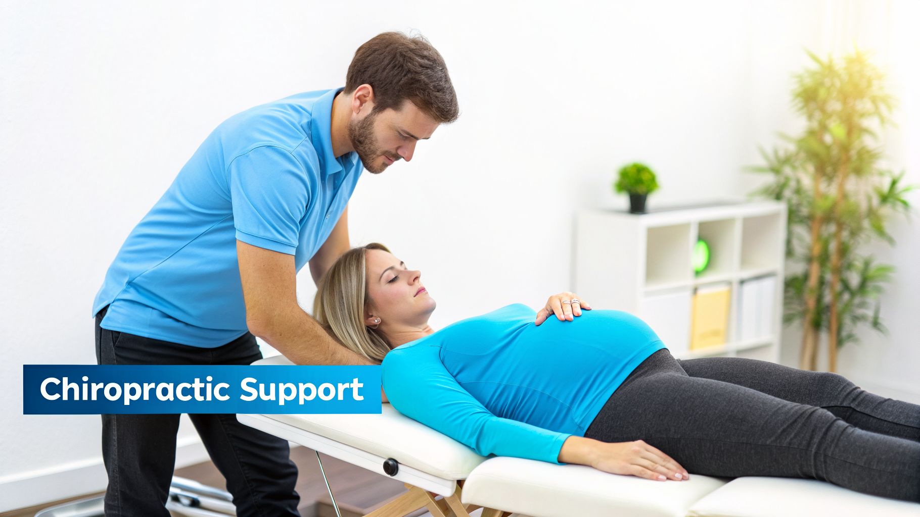 A male chiropractor provides neck adjustment to a pregnant woman lying on a table.