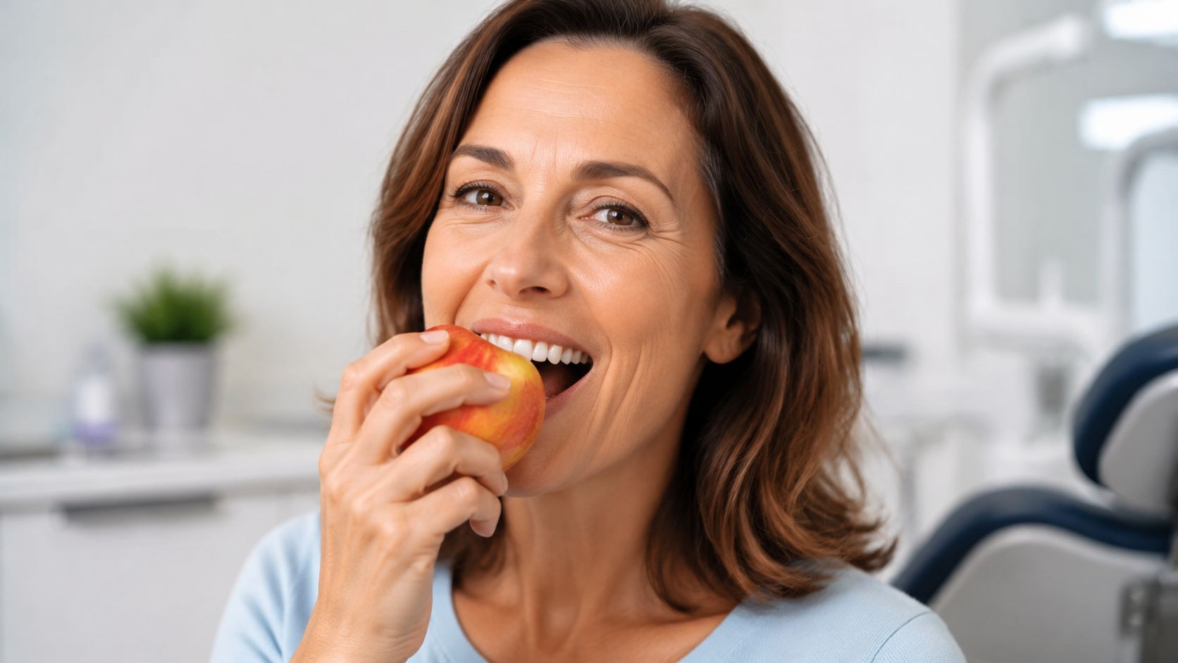 A woman smiling confidently while eating a fresh red apple in a professional dental office setting.