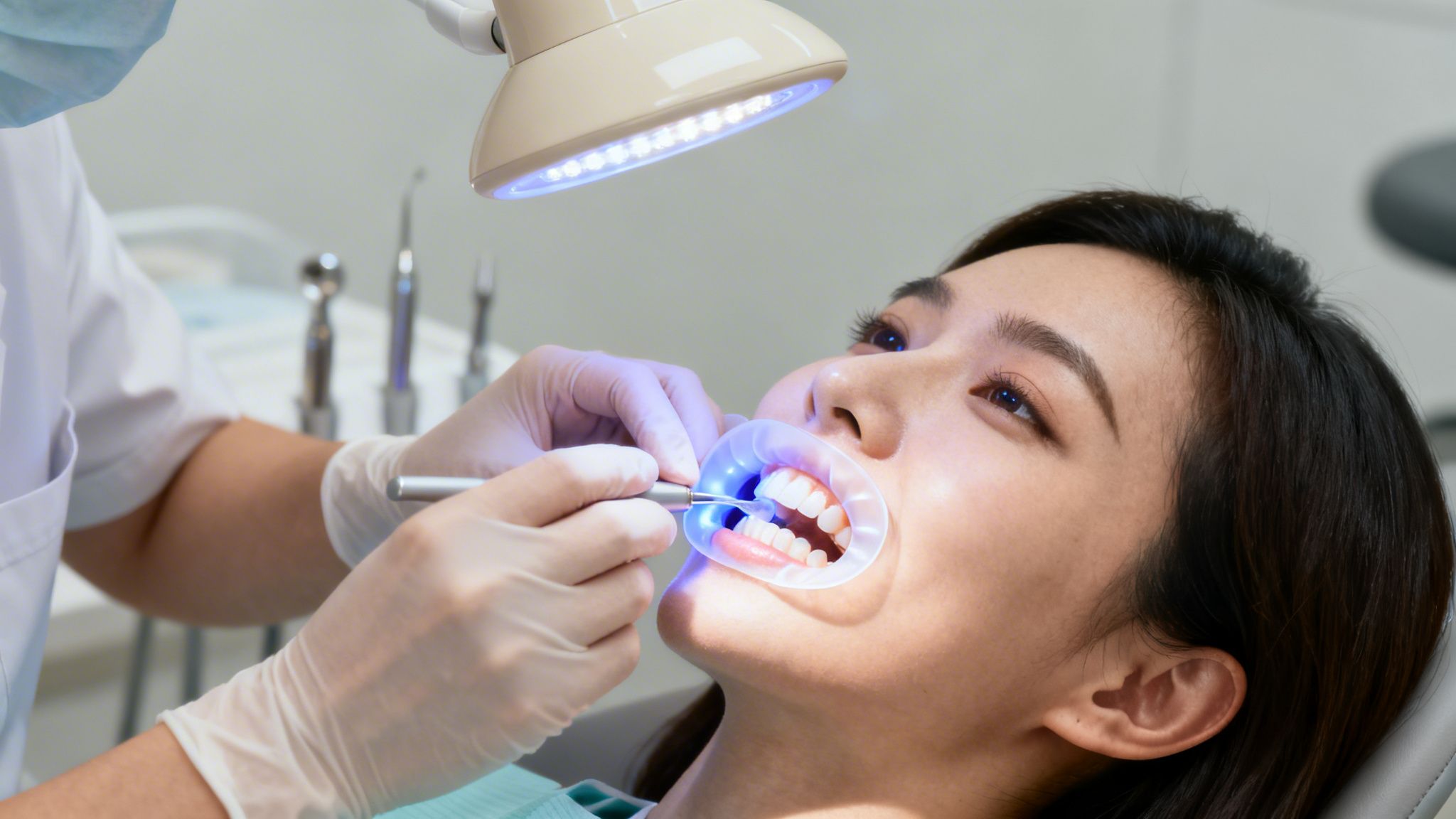 Close-up of a patient getting professional teeth whitening by a dentist with specialized tools and blue light.
