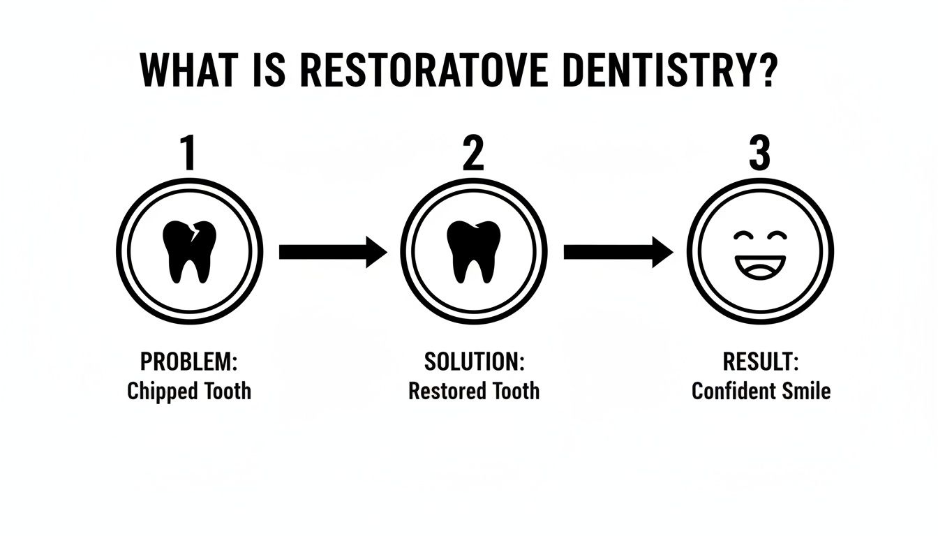 A diagram explaining restorative dentistry, showing a chipped tooth becoming a restored tooth, resulting in a confident smile.