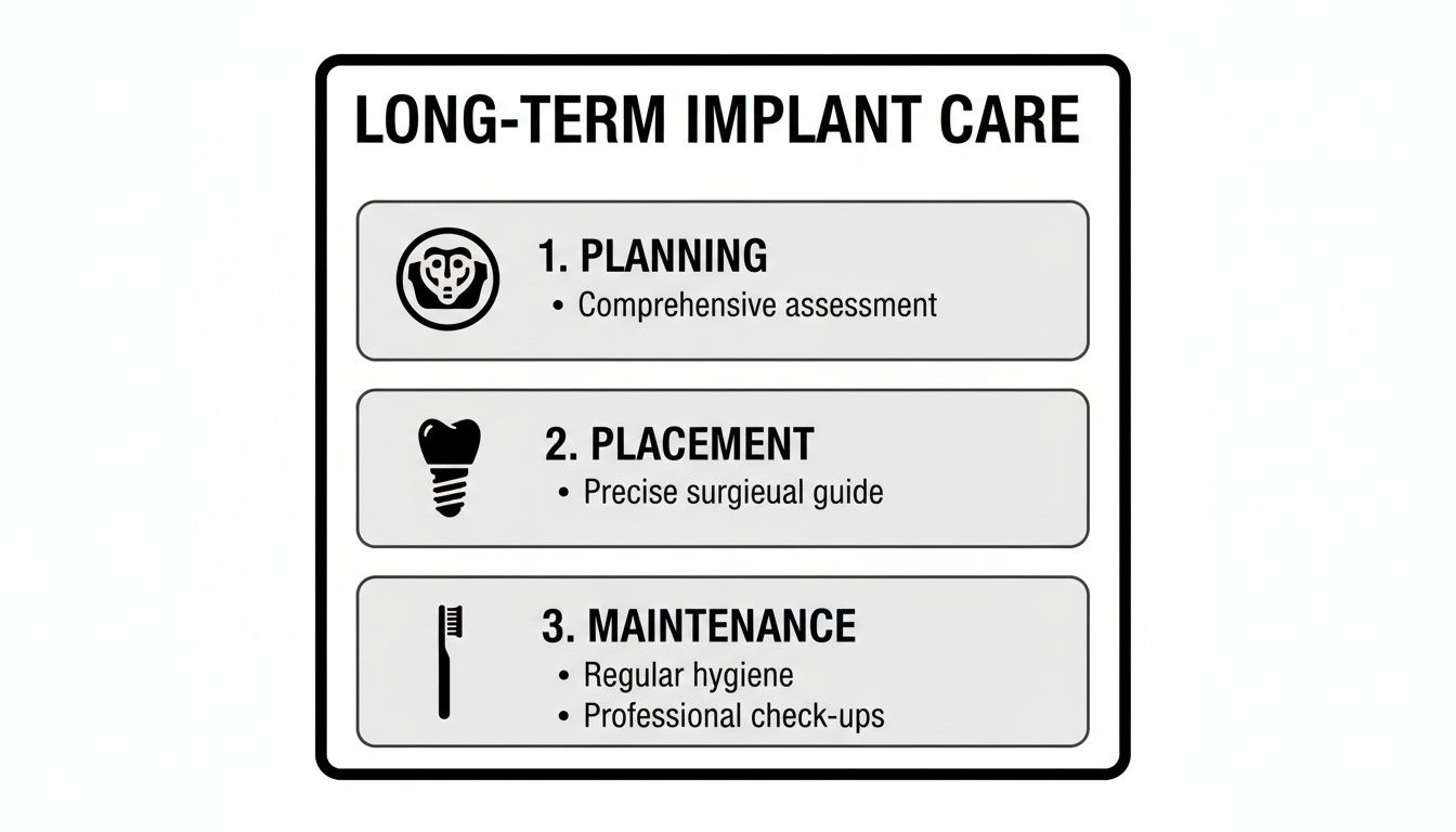 An infographic detailing three steps for long-term dental implant care: planning, placement, and maintenance.