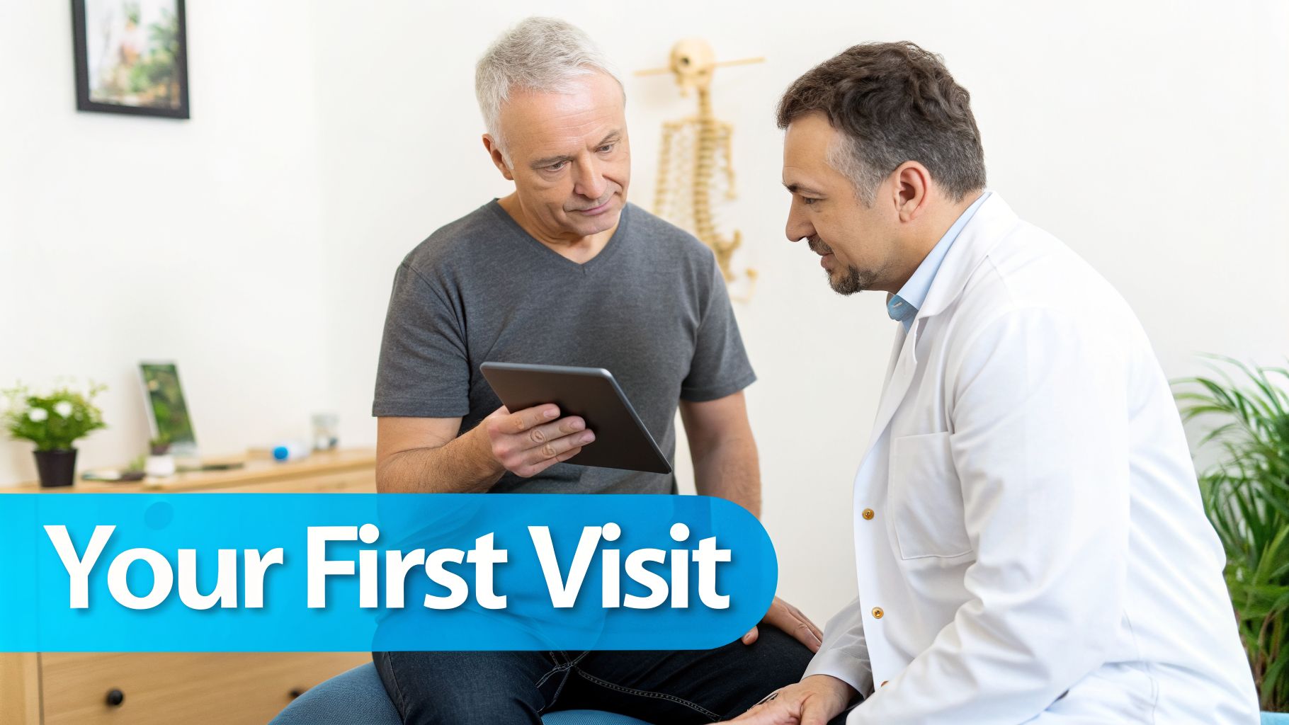 Male patient and chiropractor discuss information on a tablet during a first visit.
