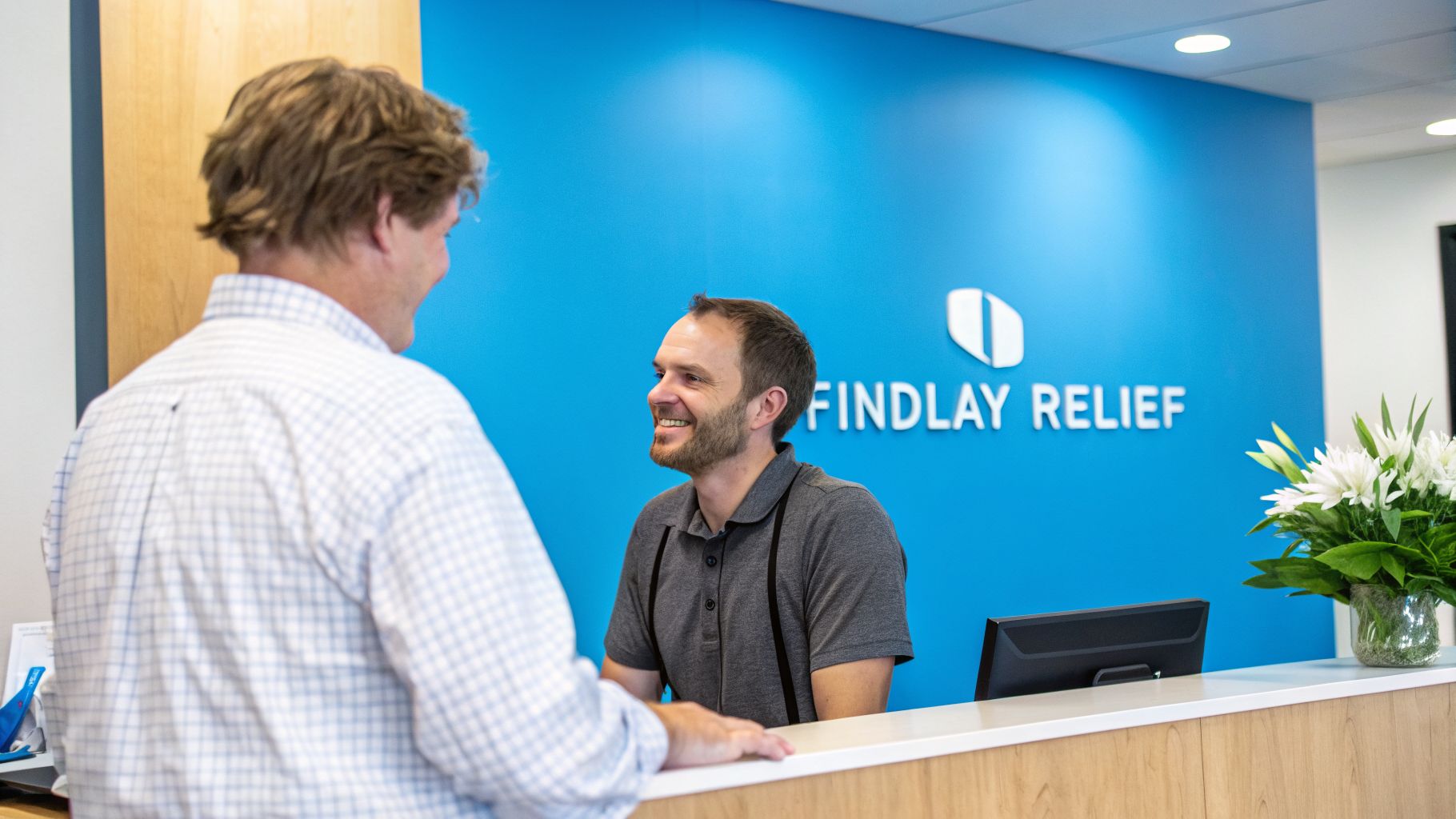 A cheerful receptionist smiles at a patient checking in at the modern Findlay Relief clinic.