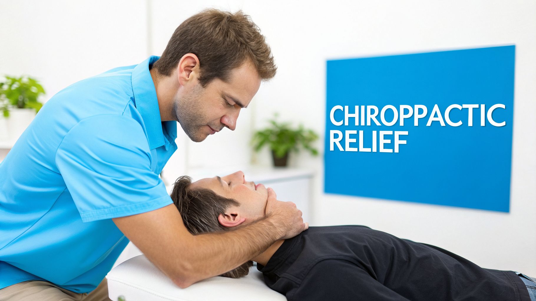 A male chiropractor adjusts the neck of a male patient lying on a treatment table.