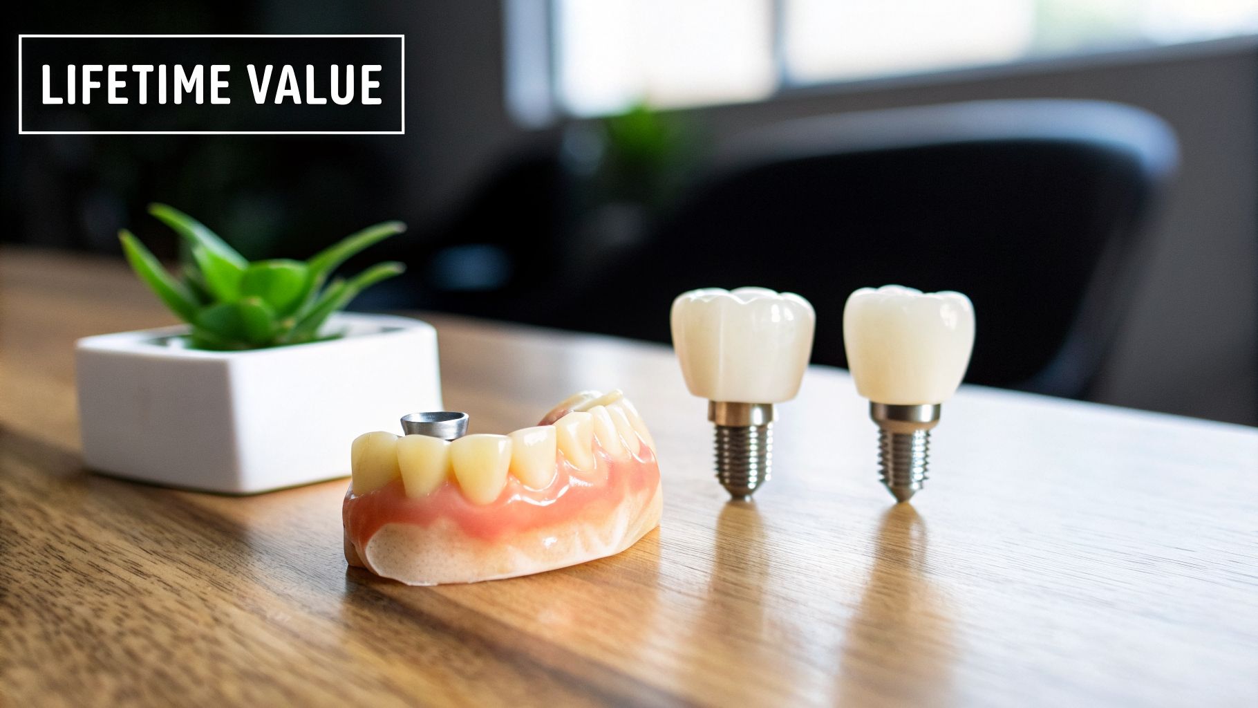 Close-up of dental implants, a gum model with an implant, and a plant on a wooden table.