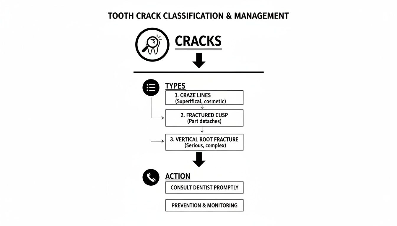 Flowchart classifying tooth cracks into craze lines, fractured cusp, and vertical root fracture, with actions for dentist consultation.