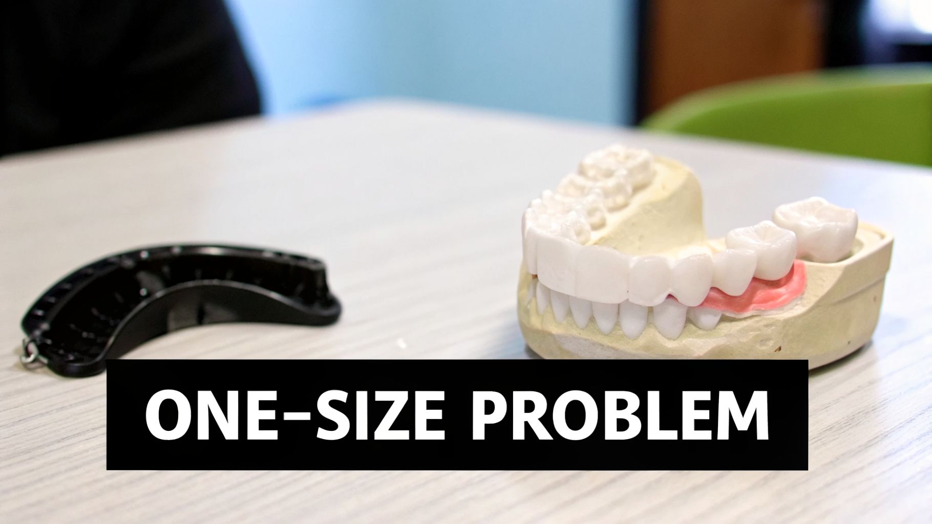 Seven Oaks - Dentistry & Sleep Medicine | Jaw Pain from Mouth Guard? Your Wesley Chapel Dentist Explains A custom dental model with healthy teeth and gums alongside a generic black mouthguard, highlighting the 'one-size problem'.