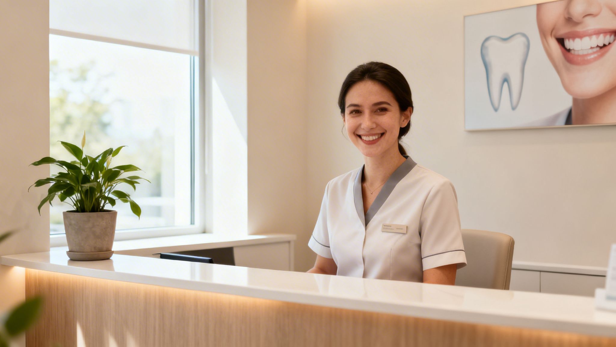 A smiling female receptionist in a white uniform at a modern dental clinic reception desk.