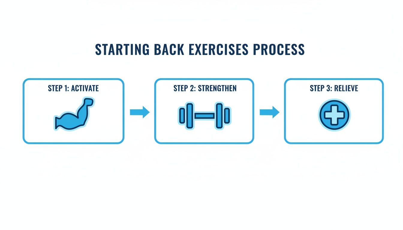 A three-step process for starting back exercises: activate, strengthen, and relieve, with corresponding icons.