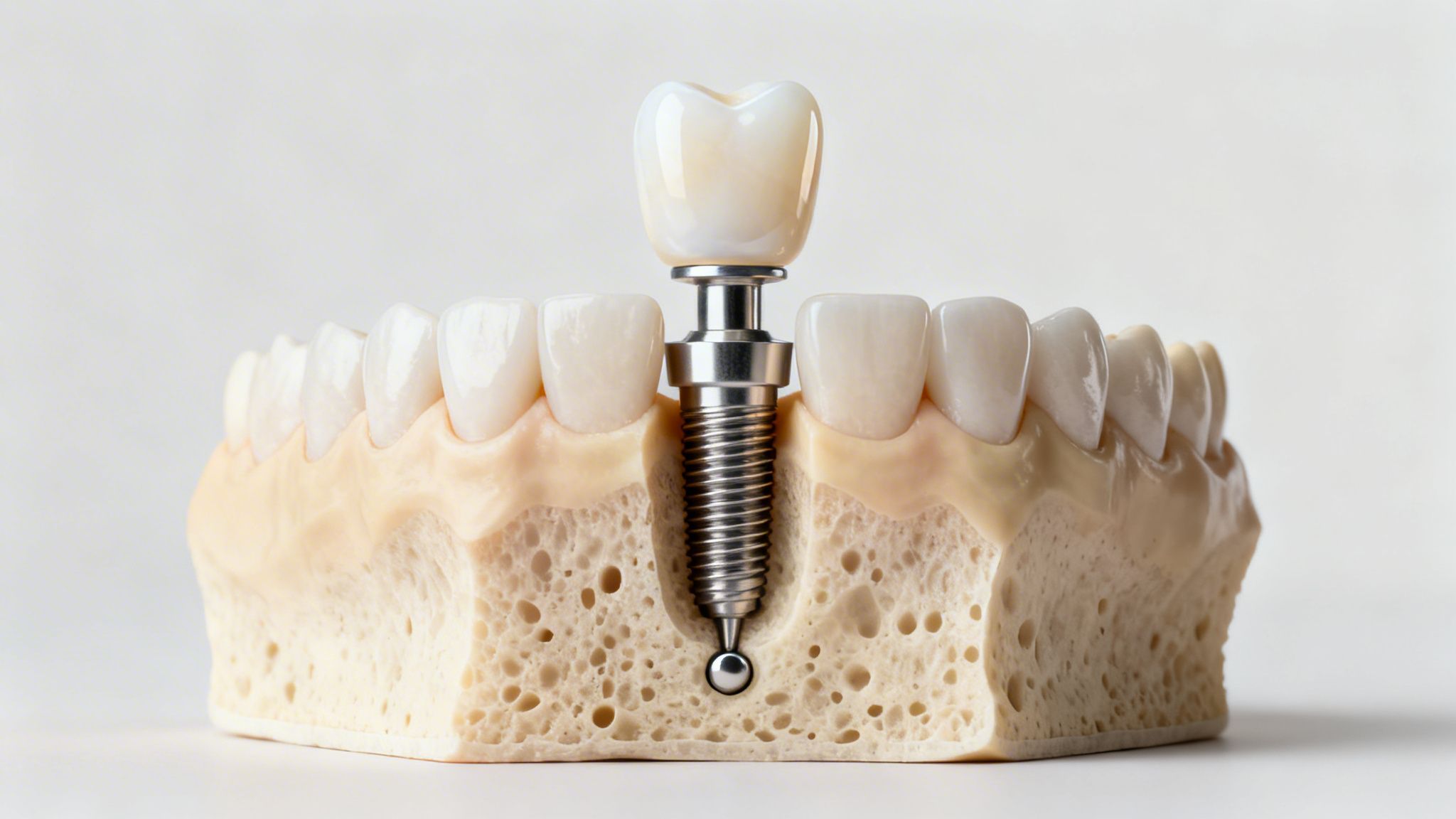A detailed dental model demonstrating a tooth implant with crown, abutment, and screw in bone.
