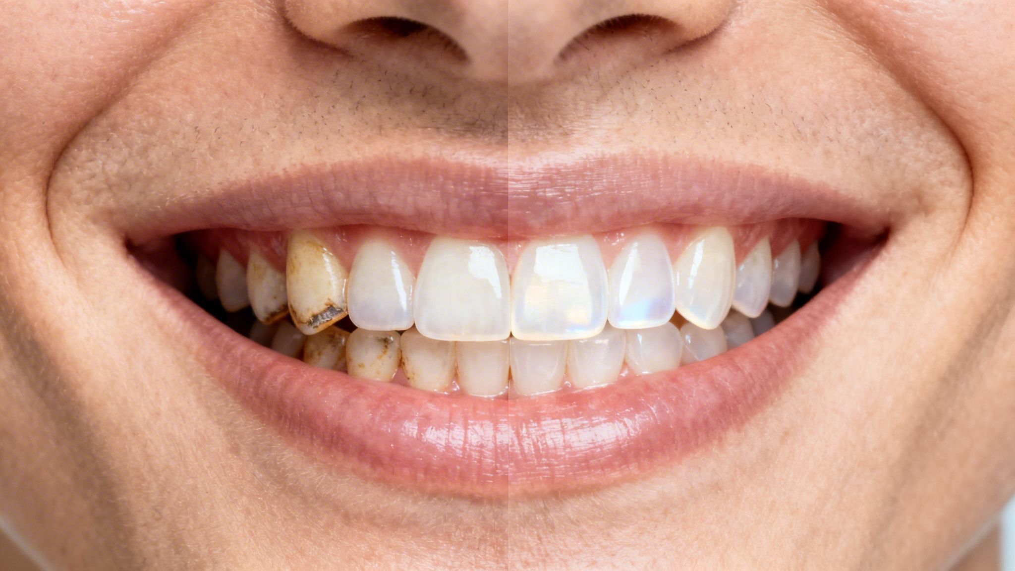 Close-up split image showcasing a person's mouth with visibly stained teeth on one side and bright, white teeth on the other, highlighting a before and after transformation.