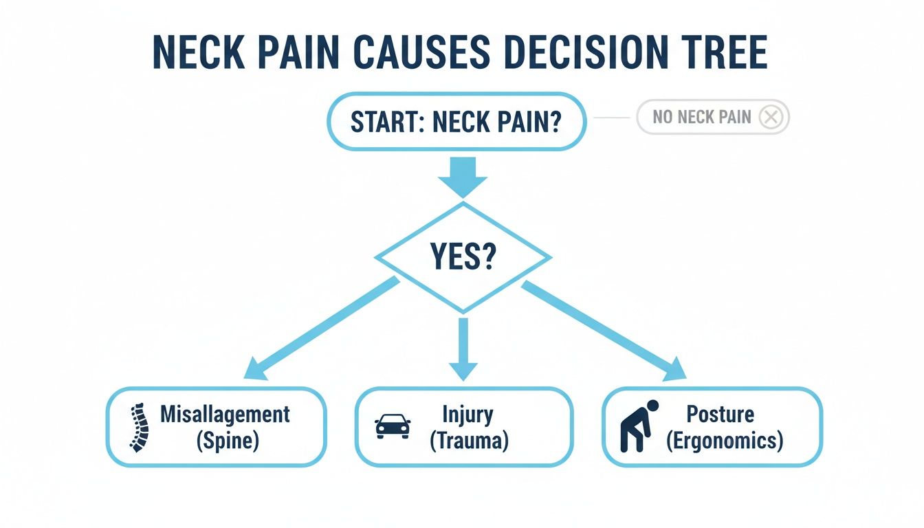 A decision tree flowchart outlining three main causes of neck pain: misalignment, injury, and posture.
