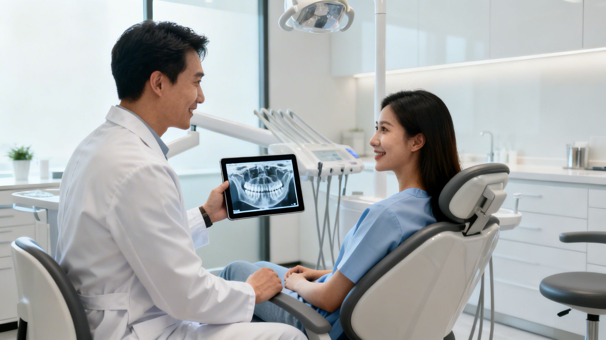 A male dentist shows a panoramic dental X-ray on a tablet to a smiling female patient.