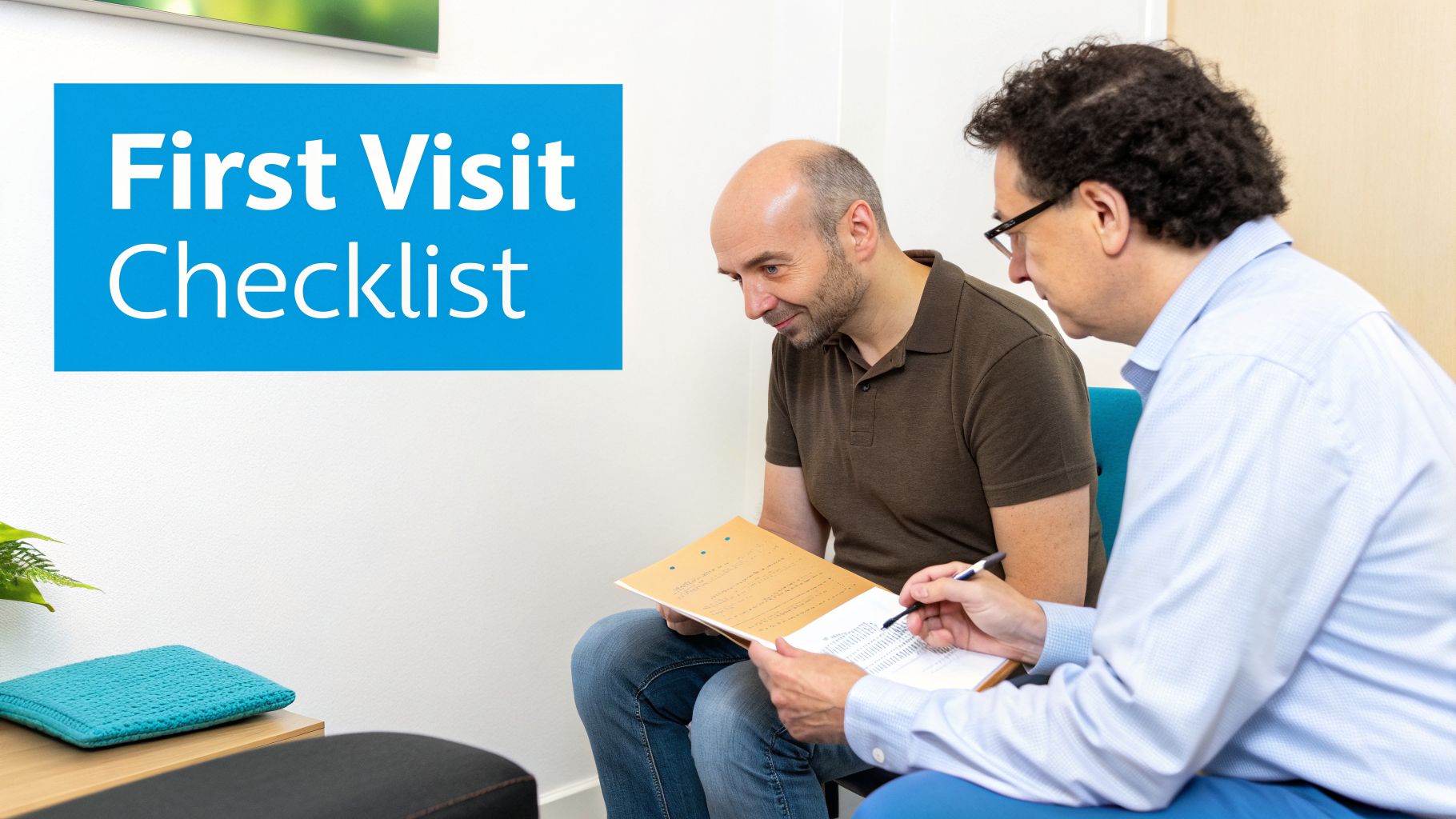 Two men reviewing a "First Visit Checklist" form with a pen, likely in a medical consultation.
