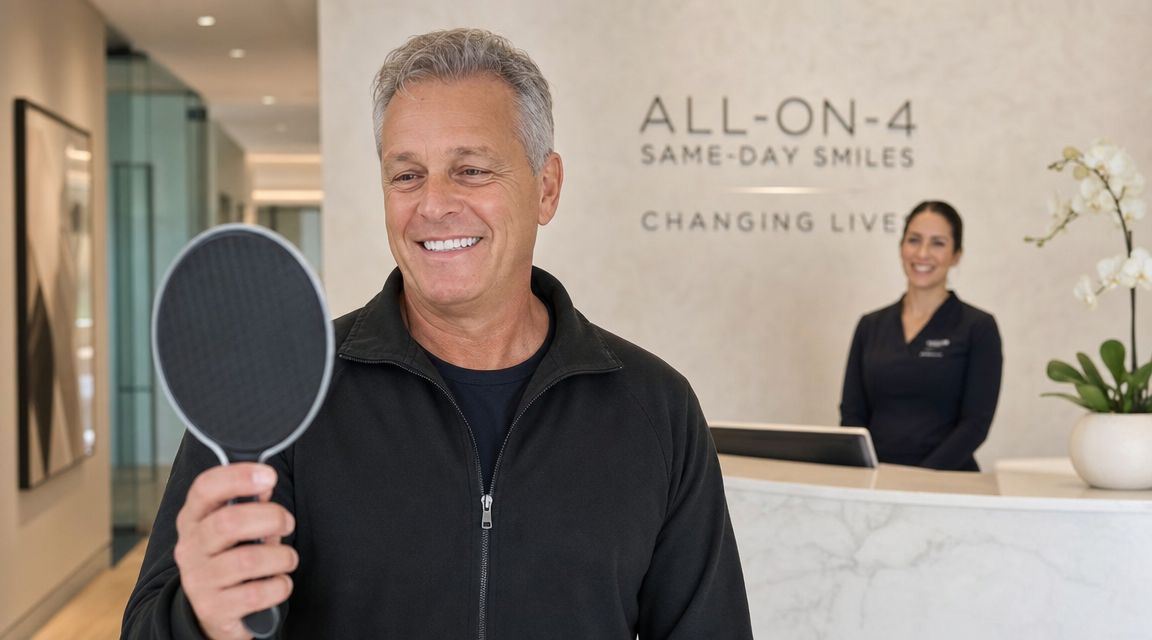 A smiling mature man looks at his new teeth in a mirror at a dental office.