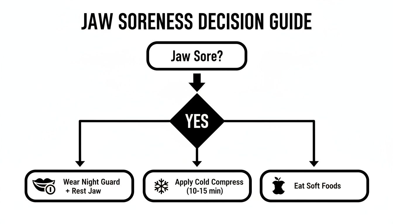 Seven Oaks - Dentistry & Sleep Medicine | Jaw Pain from Mouth Guard? Your Wesley Chapel Dentist Explains Decision guide flowchart outlining steps to manage jaw soreness: night guard, cold compress, soft foods.