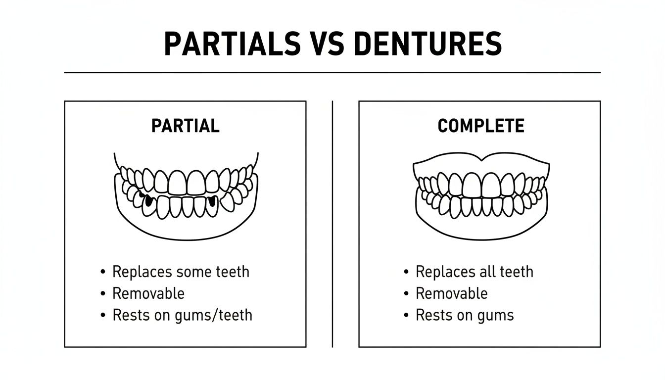 Diagram comparing partial dentures, replacing some teeth, to complete dentures, replacing all teeth.