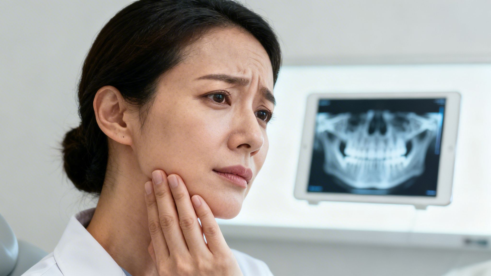 A distressed woman holds her cheek while looking at a dental X-ray on a tablet.