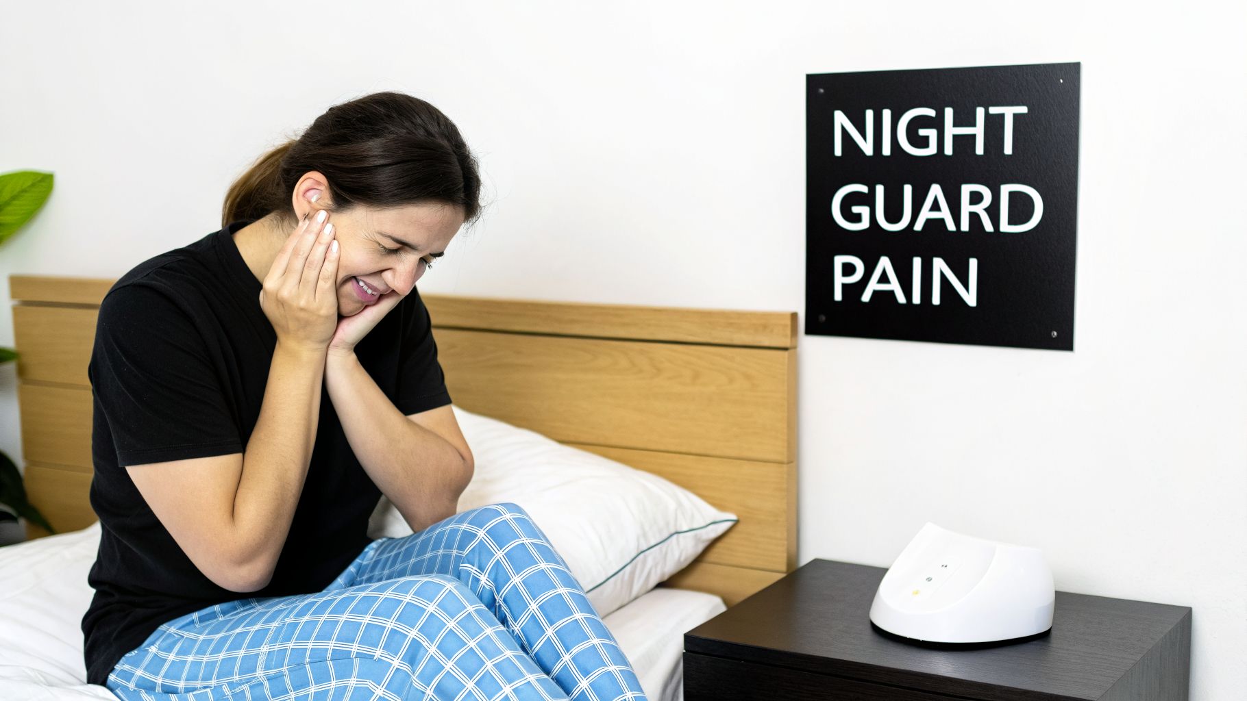 A distressed woman in pajamas sits on her bed, holding her jaw in pain next to a "NIGHT GUARD PAIN" sign.