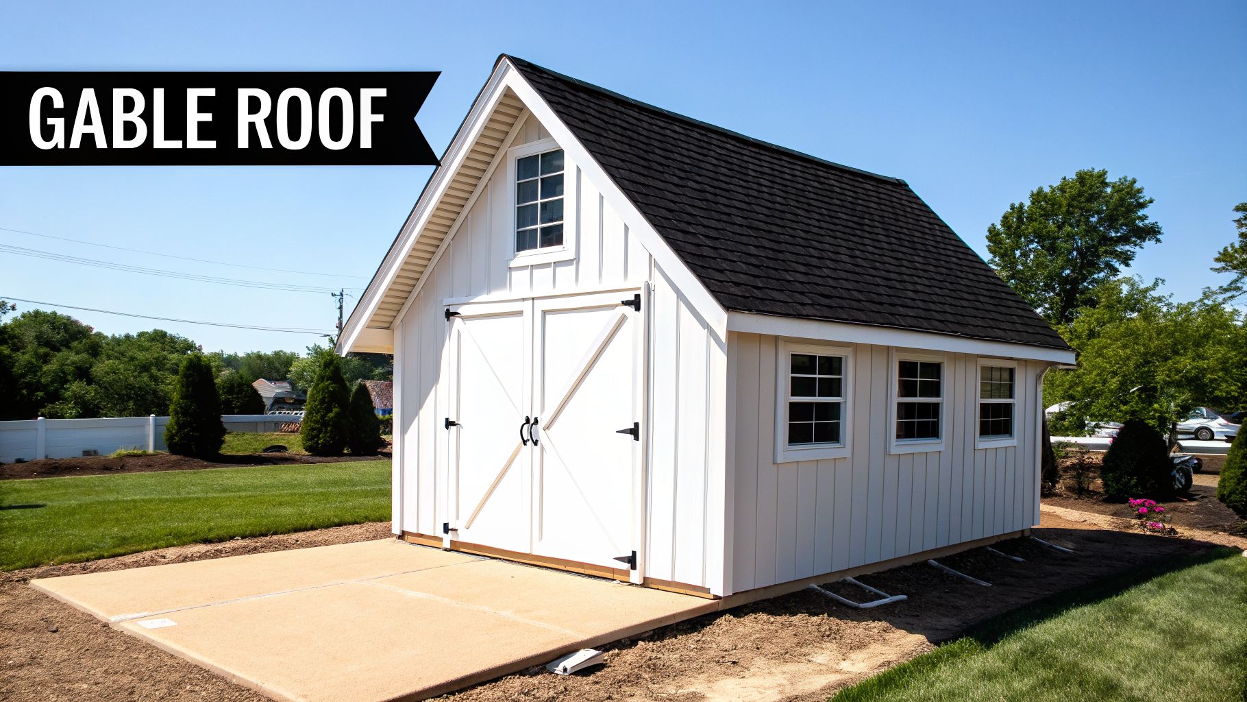 A clean white shed with a prominent black gable roof, on a concrete pad in a sunny yard.
